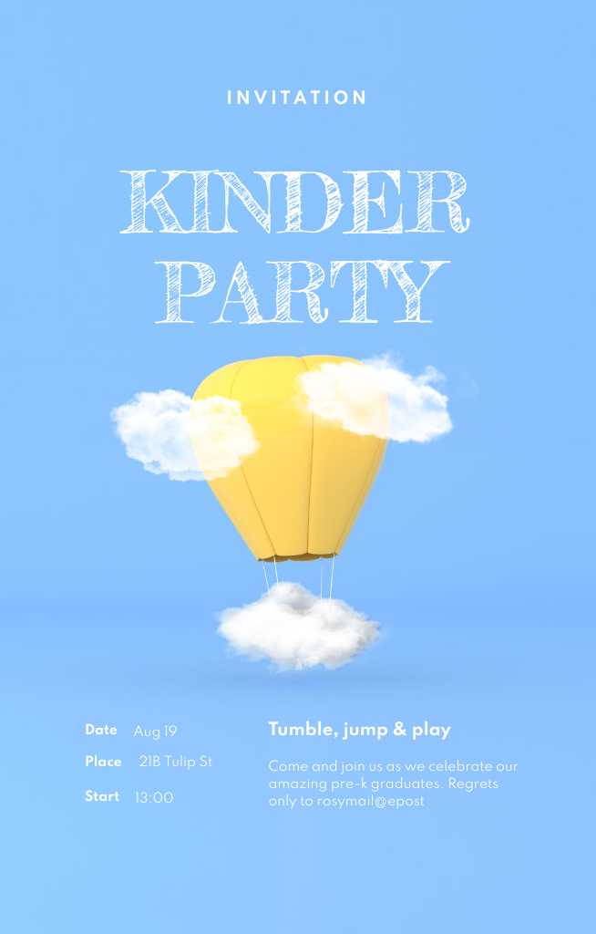 Kid's Party Announcement With Yellow Hot Air Balloon Invitation 4.6x7.2in Tasarım Şablonu
