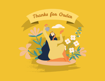 Thanks for Your Order Phrase with Woman and Flowers on Yellow Thank You Card 5.5x4in Horizontal Design Template