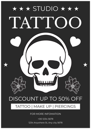 Template di design Studio di tatuaggi con servizi di trucco e piercing Offerta di vendita Poster