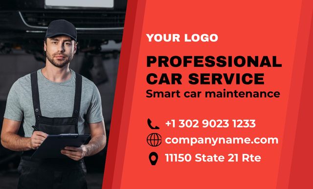 Car Maintenance Offer on Red Business Card 91x55mm Design Template