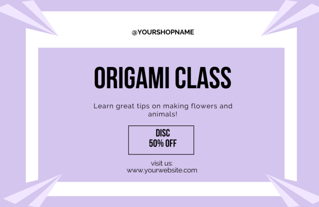 Origami Class Ad on Purple Thank You Card 5.5x8.5in Design Template