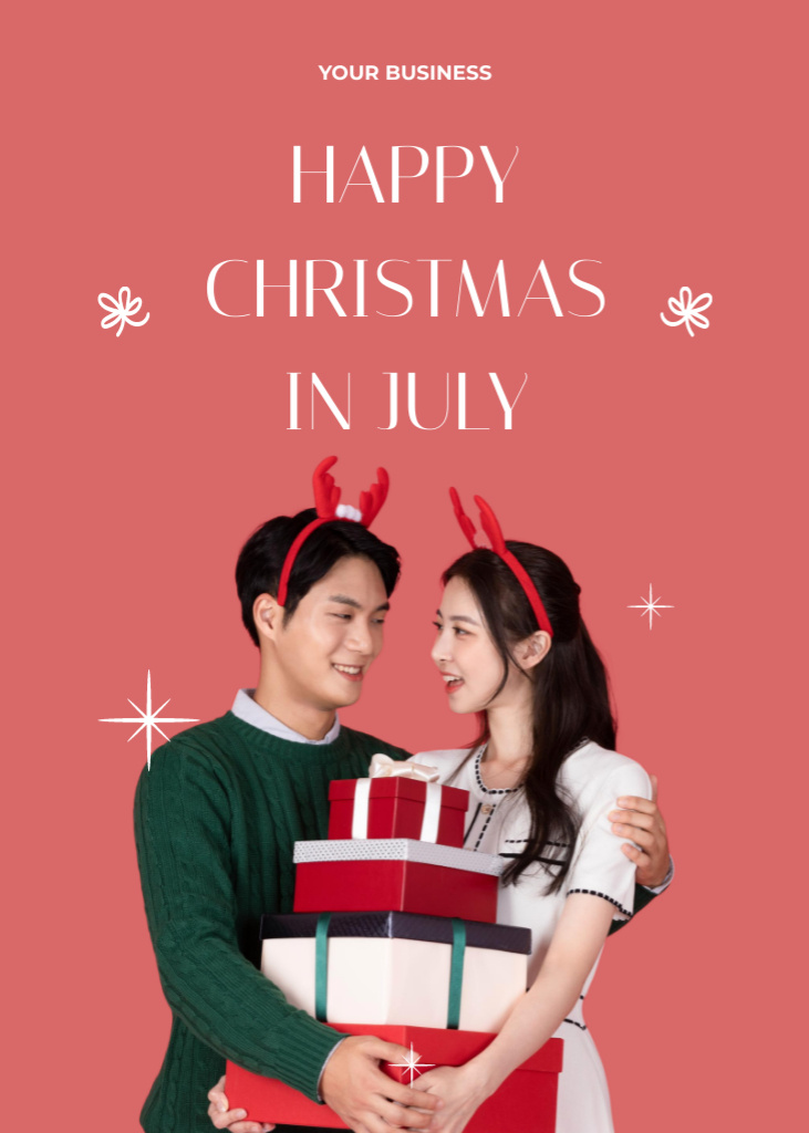 Awesome Christmas in July Salutations with Young Happy Couple Flayer Design Template