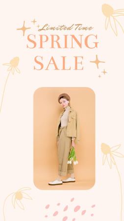 ベージュの服を着た女性が登場する春のセールの広告 Instagram Storyデザインテンプレート