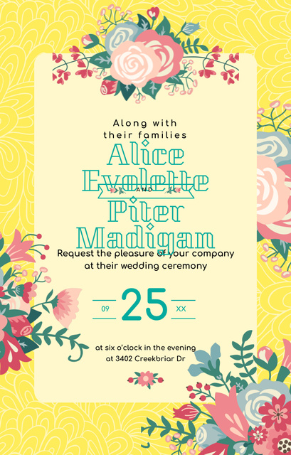 Plantilla de diseño de Wedding Announcement With Illustrated Flowers on Yellow Invitation 4.6x7.2in 