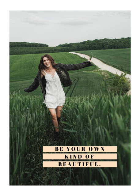 Plantilla de diseño de Inspiration Text about Beauty on Background of Woman Walking In Field Postcard 5x7in Vertical 