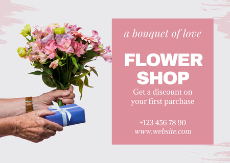 Flower Shop Ad with Bouquet of Flowers and Gift Card Design Template