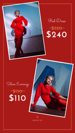 Mulher de anúncio de loja de moda no vestido vermelho Instagram Story Modelo de Design