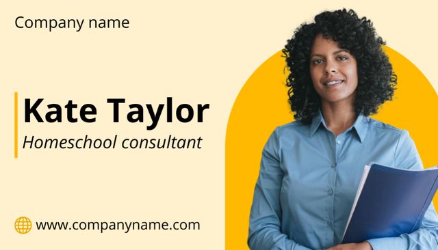 Ontwerpsjabloon van Business Card US van Homeschooling Consultant Service Offer with Woman with Tablet