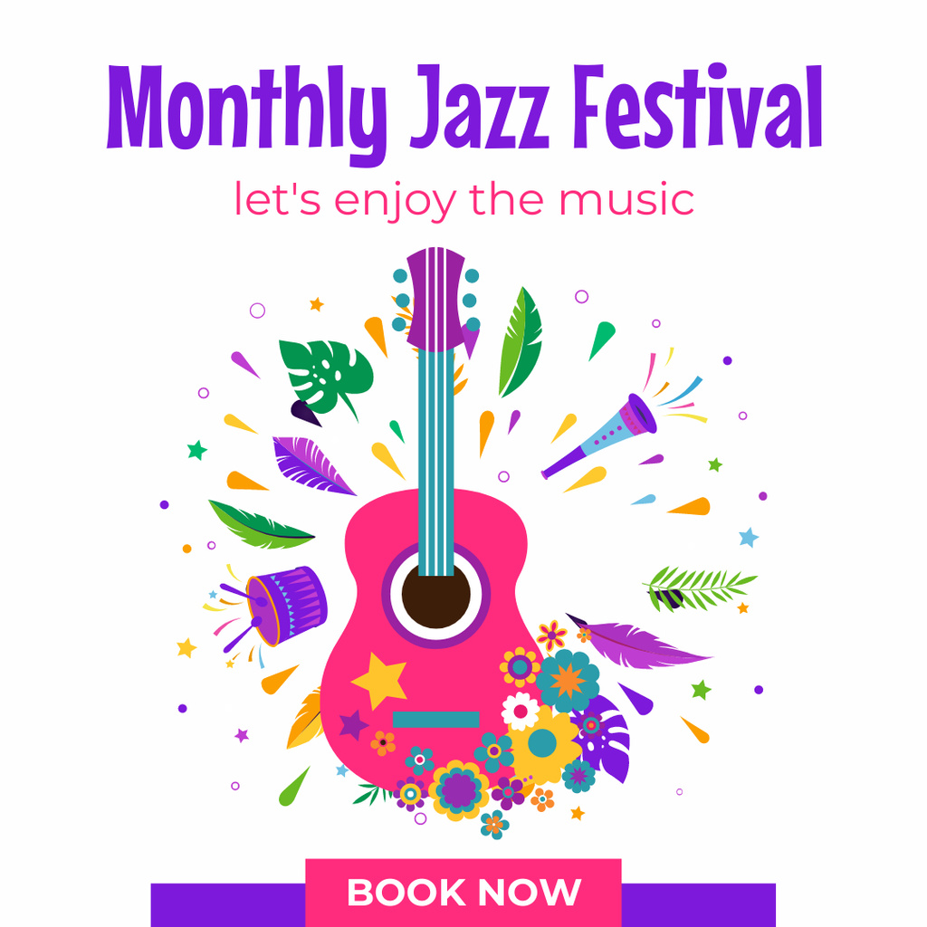Ontwerpsjabloon van Instagram AD van Monthly Jazz Festival With Guitar And Colorful Attributes