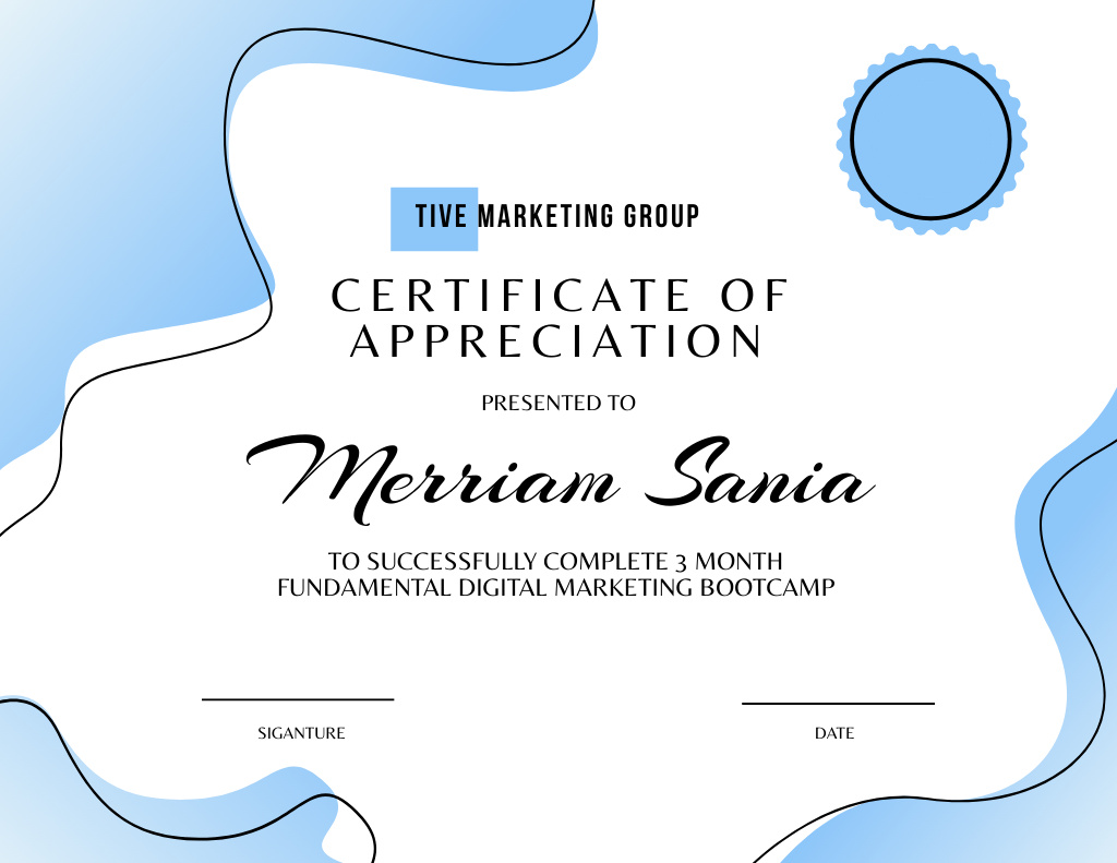 Ontwerpsjabloon van Certificate van Award of Appreciation for Marketing Course Completion