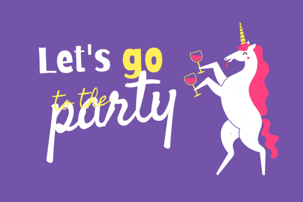Party Ad And Unicorn With Wineglasses Postcard 4x6in Design Template
