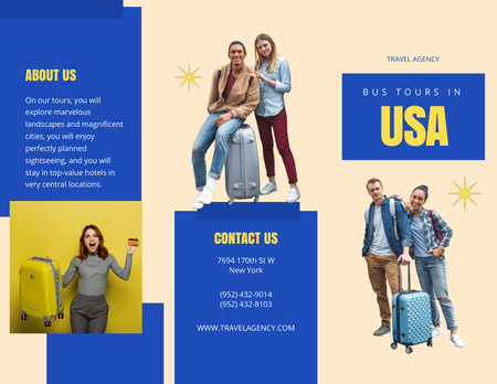 Designvorlage USA Bus Tour Angebot mit jungen Männern und Frauen für Brochure 8.5x11in