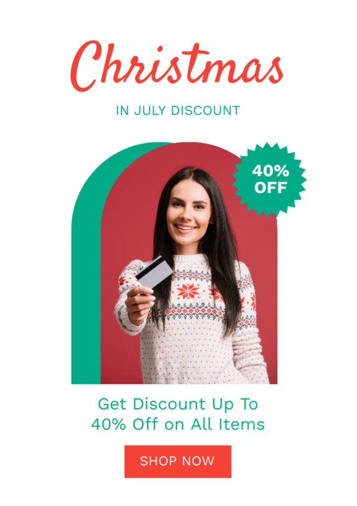 July Christmas Discount Announcement with Young Woman Flyer A7 Tasarım Şablonu