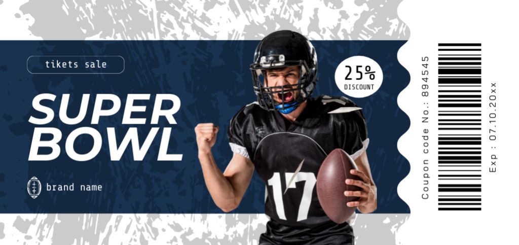 Super Bowl Match Event Announcement with Football Player Coupon Din Largeデザインテンプレート