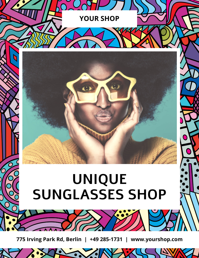 Sunglasses Shop Ad with Stylish Woman Poster 8.5x11in Šablona návrhu