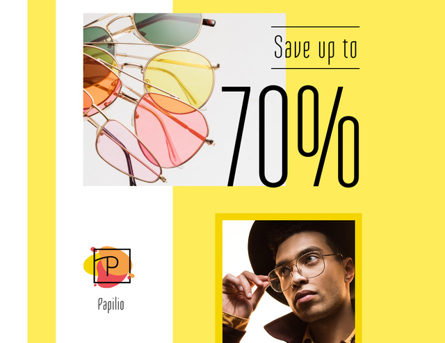 Template di design Sunglasses Promotion with Young Man Flyer 8.5x11in Horizontal