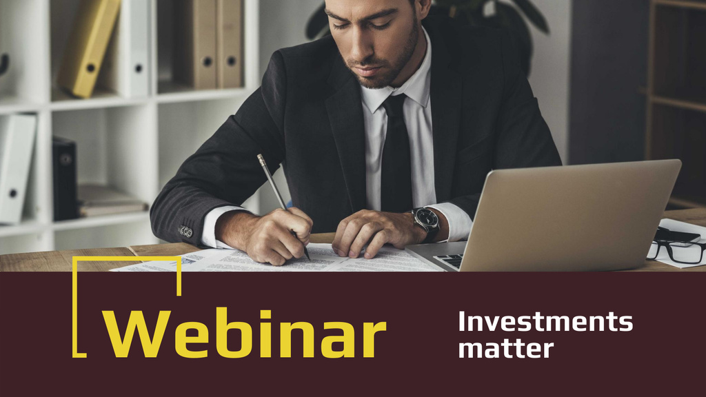 Businessman working by Laptop for Investment webinar FB event cover Design Template