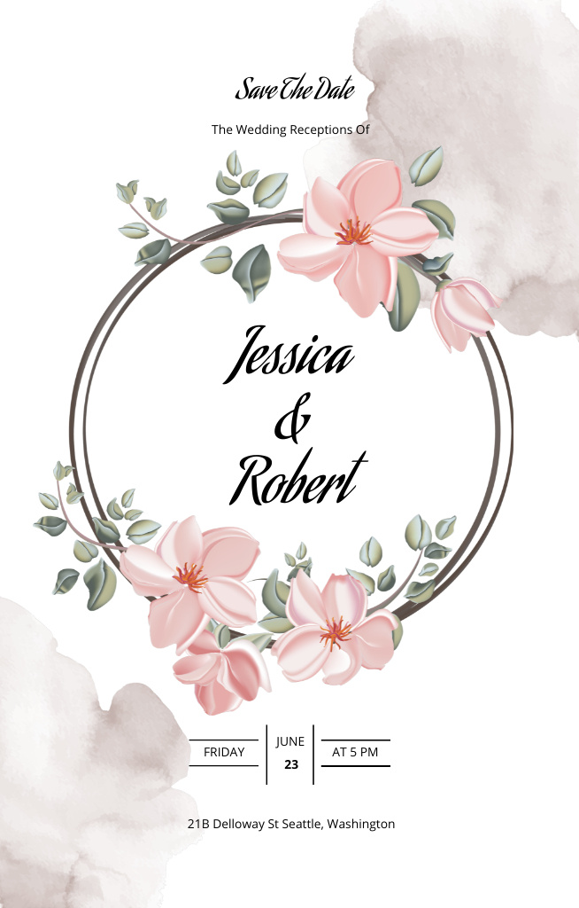 Elegant Wedding Celebration Announcement with Floral Wreath Invitation 4.6x7.2inデザインテンプレート