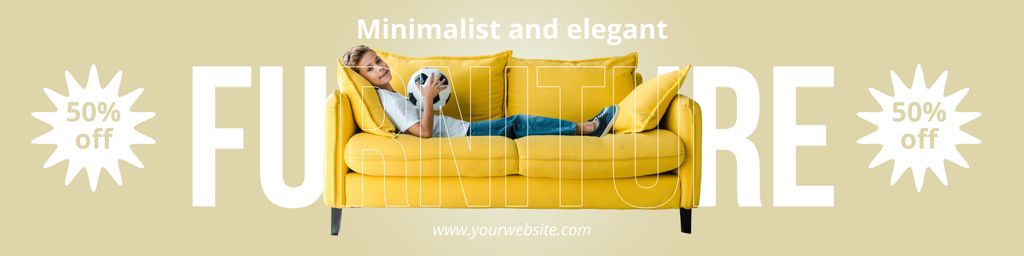 Stylish Furniture Ad with Kid on Yellow Sofa LinkedIn Cover Tasarım Şablonu