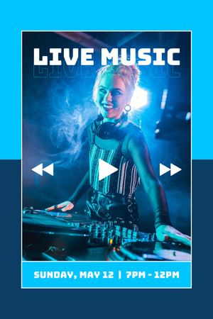 Hihetetlen élő DJ zenei esemény bejelentése kékben Pinterest tervezősablon