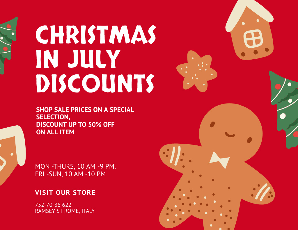 Christmas Sale in July with Cute Gingerbread Man and Trees Flyer 8.5x11in Horizontal tervezősablon