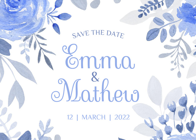 Save the Date with Blue Watercolor Flowers Card Design Template