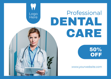 Dental Care Ad with Confident Doctor Card Design Template