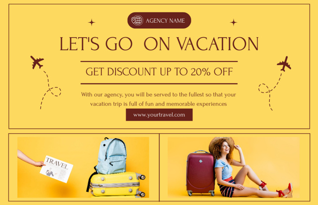 Template di design Offer of Vacation from Travel Agency on Yellow Thank You Card 5.5x8.5in