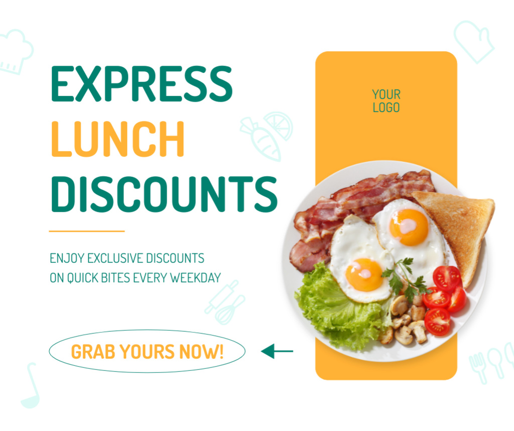 Ad of Express Lunch Discounts with Eggs and Meat on Plate Facebook Design Template