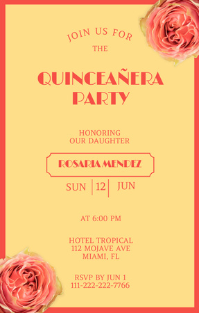 Anúncio da celebração da festa Quinceanera no domingo com rosas Invitation 4.6x7.2in Modelo de Design