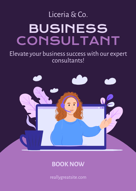 Services of Business Consultant with Woman on Laptop Screen Flayerデザインテンプレート
