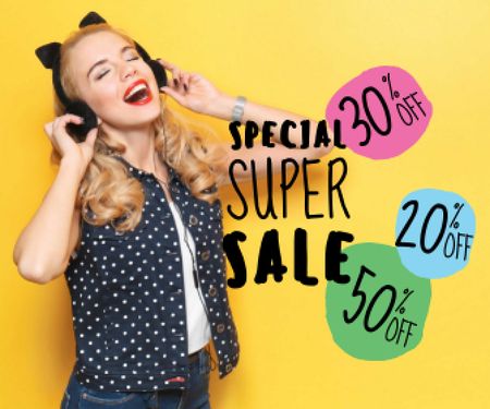 special super sale yellow banner with young woman in headphones Large Rectangle Design Template
