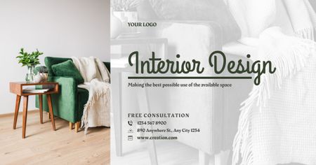 Plantilla de diseño de Diseño de interiores con sofá verde moderno Facebook AD 