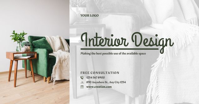Interior Design with Modern Green Sofa Facebook AD Design Template