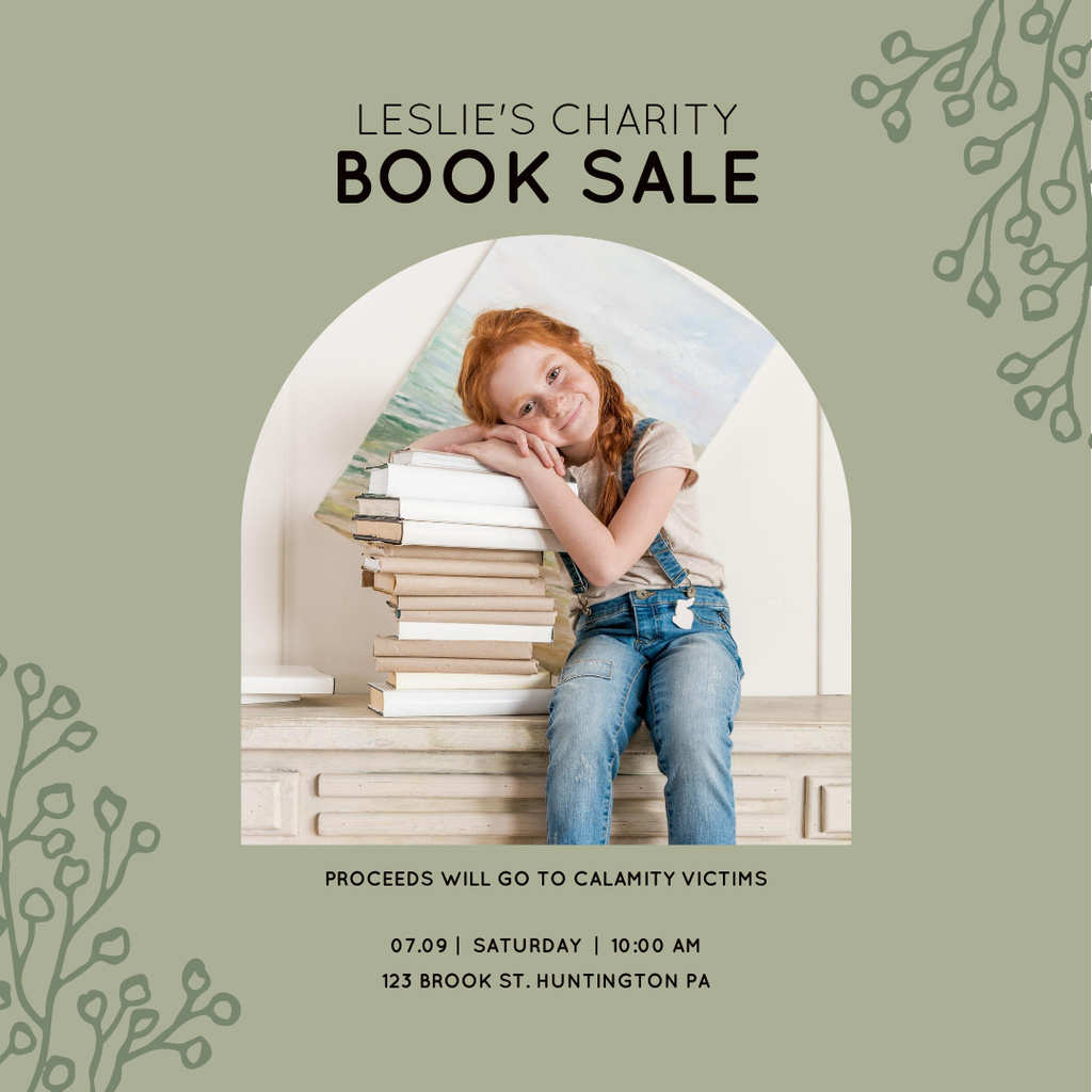  Girl with Selected Literature for Charity Book Sale Anouncement  Instagram tervezősablon