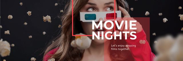 Enjoying Movies with Popcorn and Glasses Twitter Modelo de Design