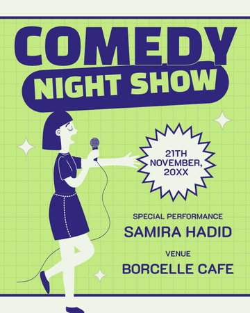 Announcement about Comedy Show with Woman on Green Instagram Post Vertical Design Template
