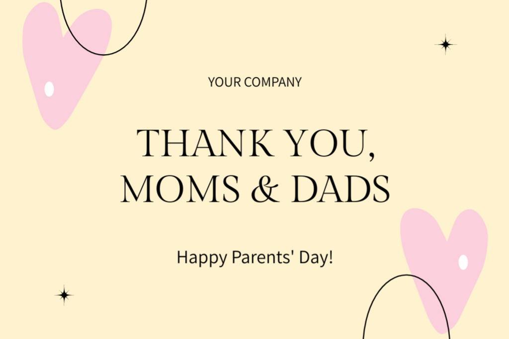 Thank You Phrase for Parents Day on Yellow Postcard 4x6in Design Template