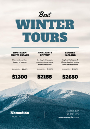 Winter Tour Offer with Snowy Mountains Poster 28x40in Design Template