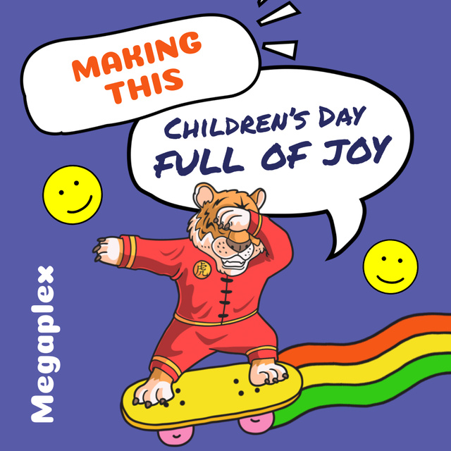 Children's Day Toy Discount with Tiger on Skateboard Animated Post Πρότυπο σχεδίασης