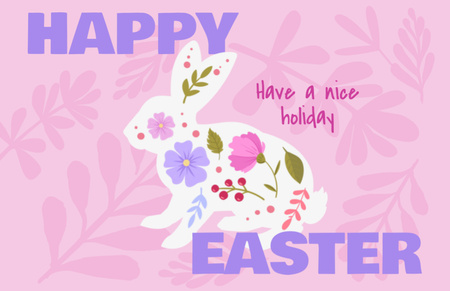 Modèle de visuel Easter Holiday Greeting with Floral Rabbit on Purple - Thank You Card 5.5x8.5in