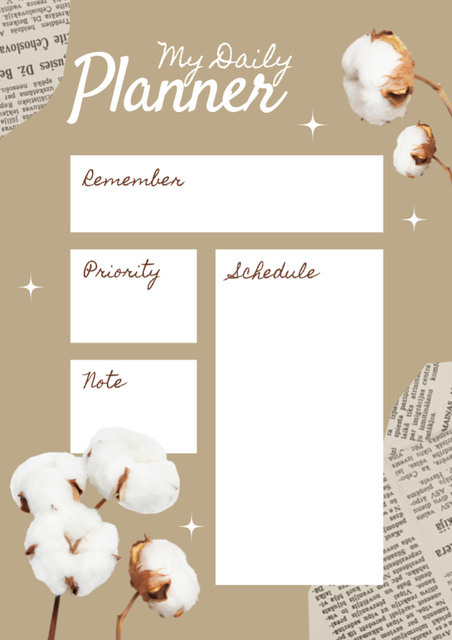 Daily Planner with Branches of Cotton Plants on Beige Schedule Planner Design Template
