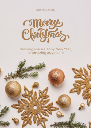 Plantilla de diseño de Saludo de Navidad y Año Nuevo con adornos dorados y ramitas de abeto Postcard 5x7in Vertical 
