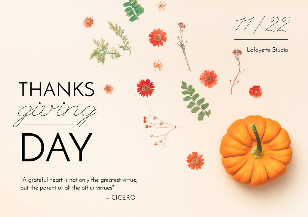 Thanksgiving Holiday Feast Ad with Pumpkin and Flowers Poster B2 Horizontal Modelo de Design