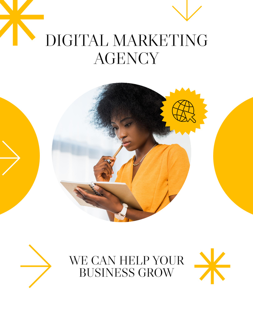 Digital Marketing Agency Services with Young African American Woman Instagram Post Vertical Modelo de Design