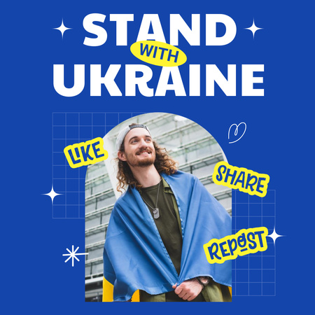 Plantilla de diseño de Llamado a apoyar a Ucrania con Young Positive Man Instagram 