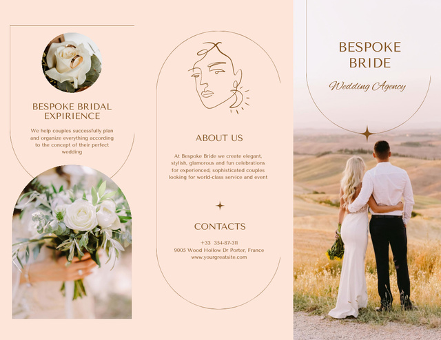 Happy Newlyweds on Wedding Day and Flowers Bouquet Brochure 8.5x11in Modelo de Design