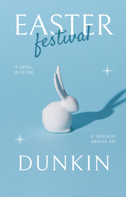 Easter Festival Announcement with White Bunny on Blue Invitation 4.6x7.2in Design Template
