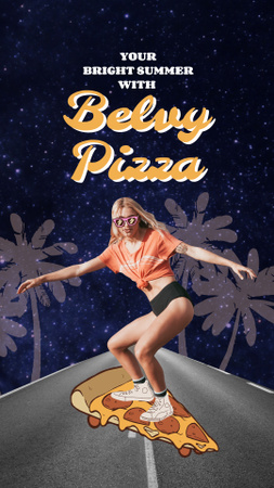 Funny Illustration of Woman on Pizza-Skateboard Instagram Story tervezősablon