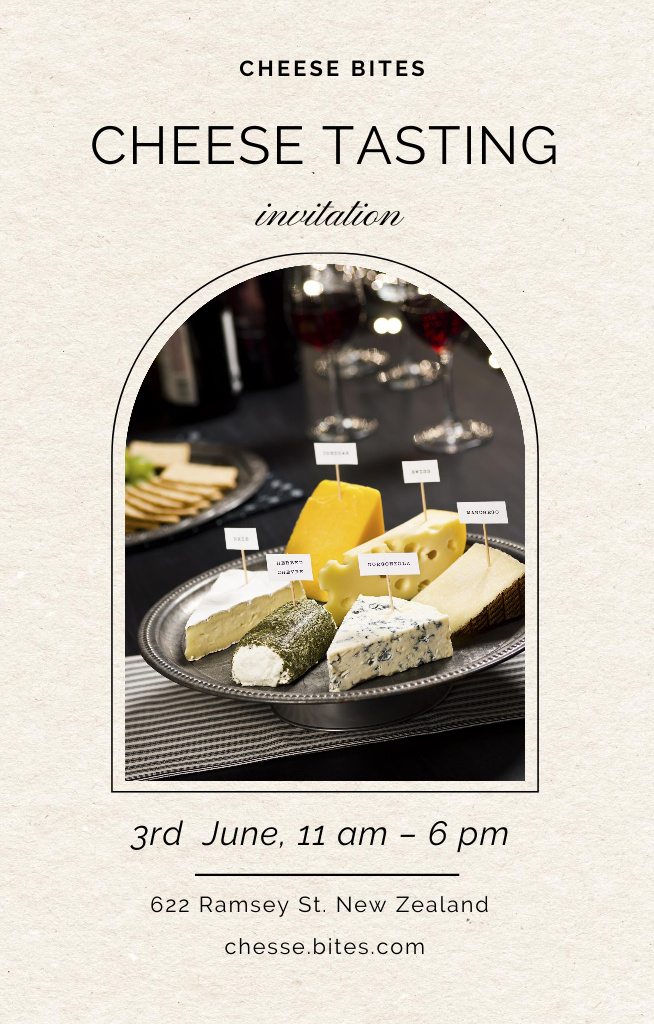 Ontwerpsjabloon van Invitation 4.6x7.2in van Cheese Tasting With Cheeses Pieces On Plate